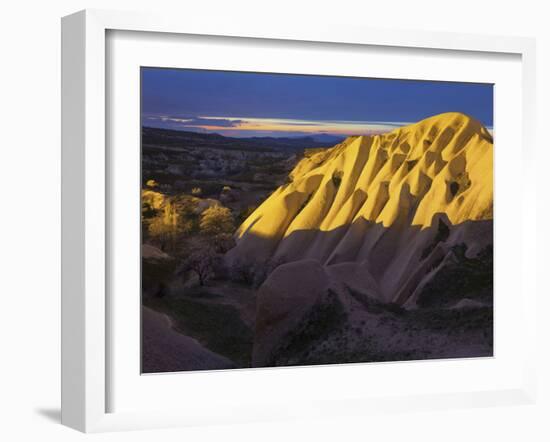 Illuminateded Tuff Stone Erosion with Uchisar, Cappadocia, Anatolia, Turkey-Rainer Mirau-Framed Photographic Print