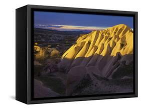 Illuminateded Tuff Stone Erosion with Uchisar, Cappadocia, Anatolia, Turkey-Rainer Mirau-Framed Stretched Canvas