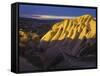 Illuminateded Tuff Stone Erosion with Uchisar, Cappadocia, Anatolia, Turkey-Rainer Mirau-Framed Stretched Canvas