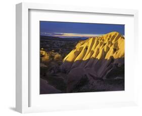 Illuminateded Tuff Stone Erosion with Uchisar, Cappadocia, Anatolia, Turkey-Rainer Mirau-Framed Photographic Print