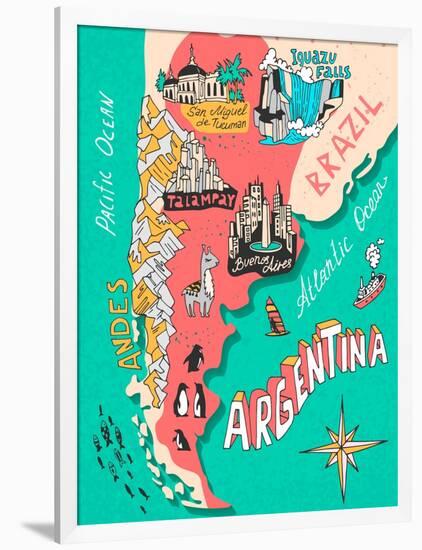 Illustrated Map of Argentina. Travel. Cartography-Daria_I-Framed Art Print