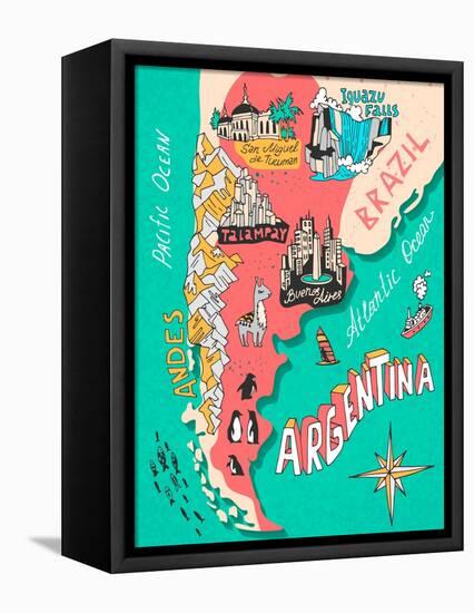 Illustrated Map of Argentina. Travel. Cartography-Daria_I-Framed Stretched Canvas