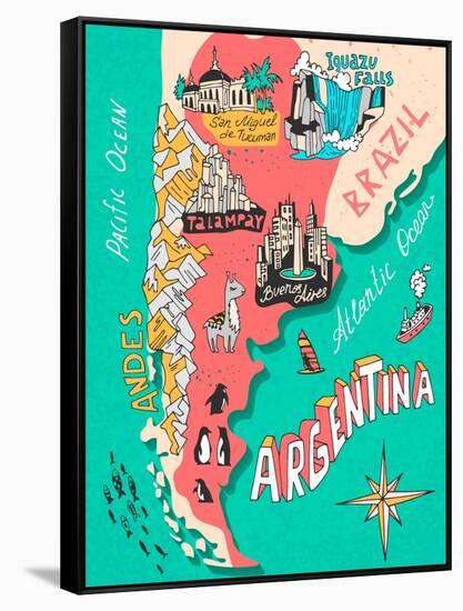 Illustrated Map of Argentina. Travel. Cartography-Daria_I-Framed Stretched Canvas