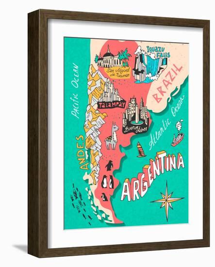 Illustrated Map of Argentina. Travel. Cartography-Daria_I-Framed Art Print