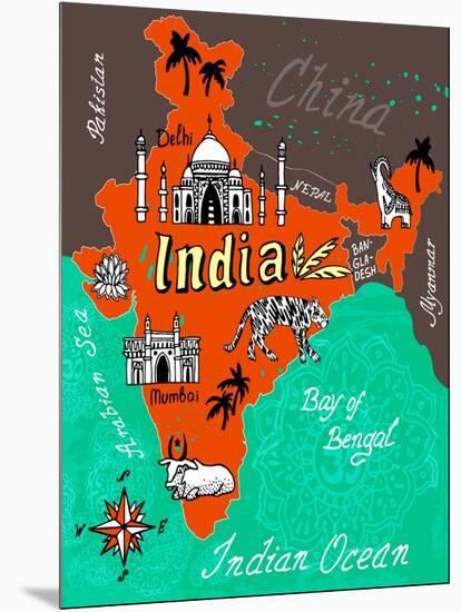 Illustrated Map of India-Daria_I-Mounted Art Print