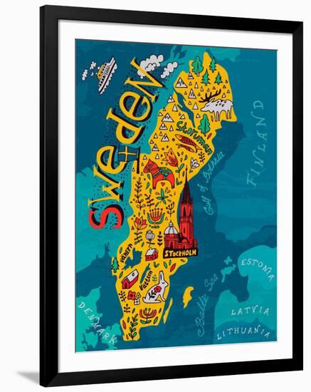 Illustrated Map of Sweden-Daria_I-Framed Art Print