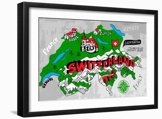 Illustrated Map of Switzerland-Daria_I-Framed Art Print