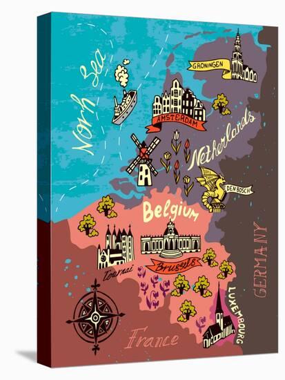 Illustrated Map of the Netherlands, Belgium, Luxembourg-Daria_I-Stretched Canvas