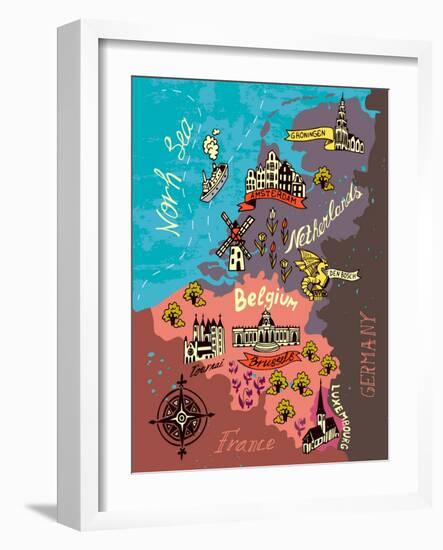 Illustrated Map of the Netherlands, Belgium, Luxembourg-Daria_I-Framed Art Print