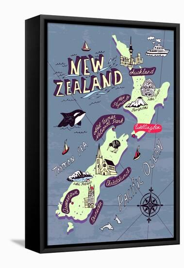 Illustrated Map of the New Zealand-Daria_I-Framed Stretched Canvas