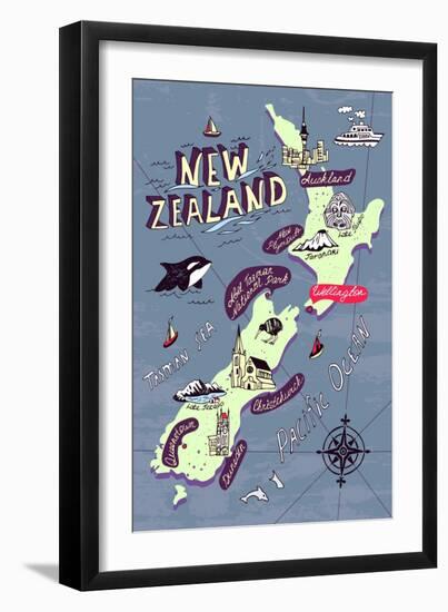 Illustrated Map of the New Zealand-Daria_I-Framed Art Print