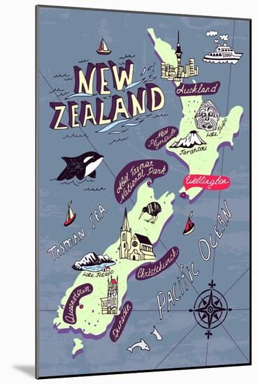 Illustrated Map of the New Zealand-Daria_I-Mounted Art Print