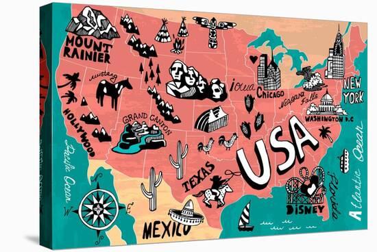 Illustrated Map of USA-Daria_I-Stretched Canvas