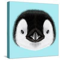 Illustrated Portrait of Emperor Penguin Chick. Cute Fluffy Face of Bird Baby on Blue Background.-ant_art-Stretched Canvas