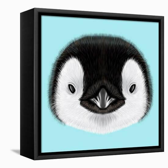 Illustrated Portrait of Emperor Penguin Chick. Cute Fluffy Face of Bird Baby on Blue Background.-ant_art-Framed Stretched Canvas