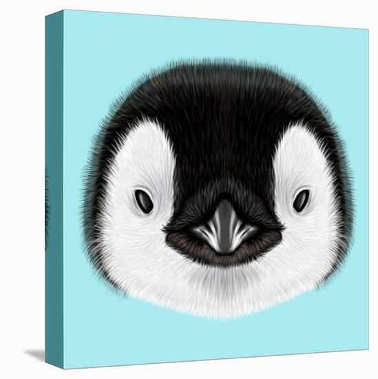 Illustrated Portrait of Emperor Penguin Chick. Cute Fluffy Face of Bird Baby on Blue Background.-ant_art-Stretched Canvas