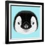 Illustrated Portrait of Emperor Penguin Chick. Cute Fluffy Face of Bird Baby on Blue Background.-ant_art-Framed Art Print