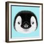 Illustrated Portrait of Emperor Penguin Chick. Cute Fluffy Face of Bird Baby on Blue Background.-ant_art-Framed Art Print