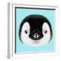 Illustrated Portrait of Emperor Penguin Chick. Cute Fluffy Face of Bird Baby on Blue Background.-ant_art-Framed Art Print