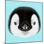 Illustrated Portrait of Emperor Penguin Chick. Cute Fluffy Face of Bird Baby on Blue Background.-ant_art-Mounted Art Print