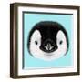 Illustrated Portrait of Emperor Penguin Chick. Cute Fluffy Face of Bird Baby on Blue Background.-ant_art-Framed Art Print