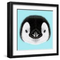 Illustrated Portrait of Emperor Penguin Chick. Cute Fluffy Face of Bird Baby on Blue Background.-ant_art-Framed Art Print