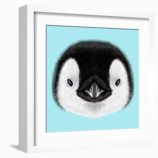 Illustrated Portrait of Emperor Penguin Chick. Cute Fluffy Face of Bird Baby on Blue Background.-ant_art-Framed Art Print