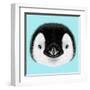 Illustrated Portrait of Emperor Penguin Chick. Cute Fluffy Face of Bird Baby on Blue Background.-ant_art-Framed Art Print