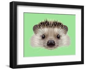 Illustrated Portrait of Hedgehog. Cute Head of Wild Spiny Mammal on Green Background.-ant_art-Framed Art Print