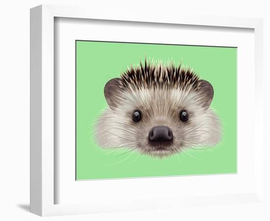 Illustrated Portrait of Hedgehog. Cute Head of Wild Spiny Mammal on Green Background.-ant_art-Framed Art Print