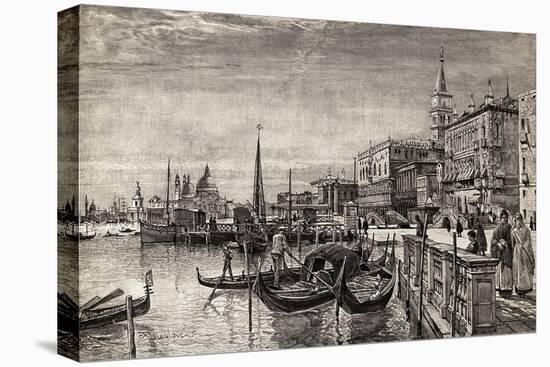 Illustrated View of Gondolas in Venice-null-Stretched Canvas