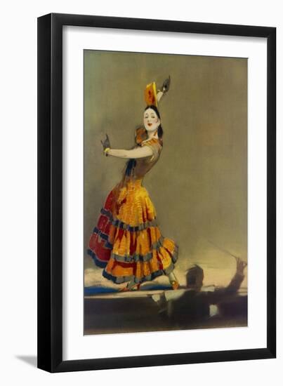 Illustration by William Barribal Showing a Dancer on Stage Performing a Spanish Flamenco-null-Framed Art Print