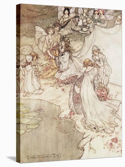 Illustration for a Fairy Tale, Fairy Queen Covering a Child with Blossom-Arthur Rackham-Stretched Canvas