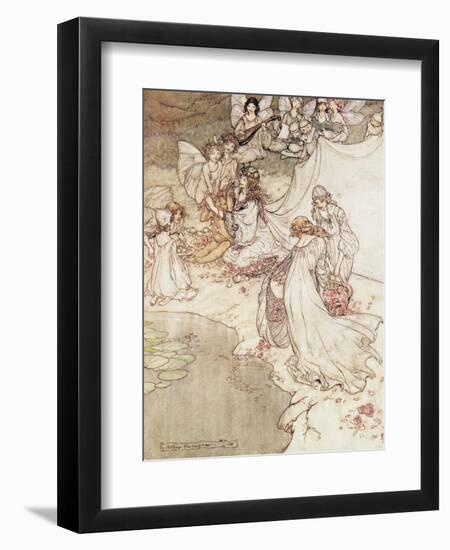 Illustration for a Fairy Tale, Fairy Queen Covering a Child with Blossom-Arthur Rackham-Framed Premium Giclee Print