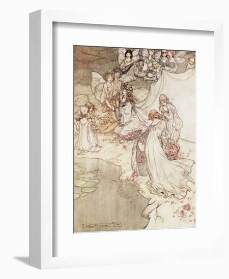 Illustration for a Fairy Tale, Fairy Queen Covering a Child with Blossom-Arthur Rackham-Framed Premium Giclee Print