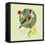 Illustration of a Bird on Blooming Branch with Geometric Shapes-Radiocat-Framed Stretched Canvas