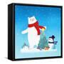 Illustration of a Christmas Tree Between Polar Bear and Snowman-null-Framed Stretched Canvas