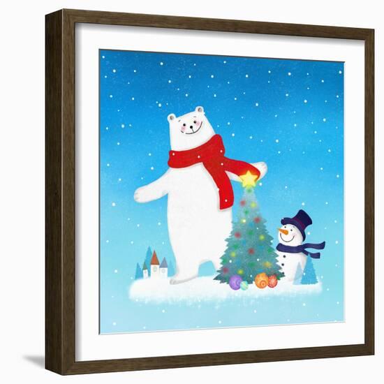 Illustration of a Christmas Tree Between Polar Bear and Snowman-null-Framed Giclee Print