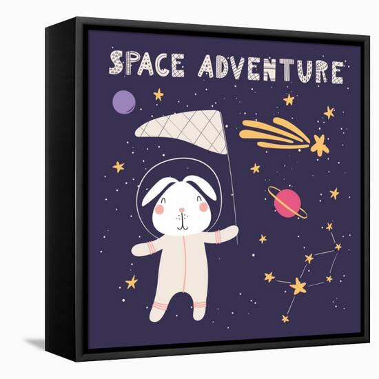 Illustration of a Cute Bunny in Space, Catching Comet with a Butterfly Net-Maria Skrigan-Framed Stretched Canvas