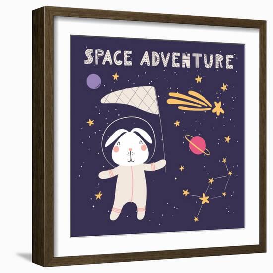 Illustration of a Cute Bunny in Space, Catching Comet with a Butterfly Net-Maria Skrigan-Framed Art Print