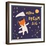 Illustration of a Cute Fox in Space, Catching Comet with a Butterfly Net-Maria Skrigan-Framed Art Print