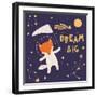 Illustration of a Cute Fox in Space, Catching Comet with a Butterfly Net-Maria Skrigan-Framed Art Print