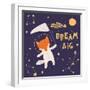 Illustration of a Cute Fox in Space, Catching Comet with a Butterfly Net-Maria Skrigan-Framed Art Print