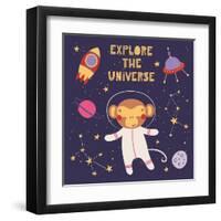 Illustration of a Cute Funny Monkey in Space-Maria Skrigan-Framed Art Print