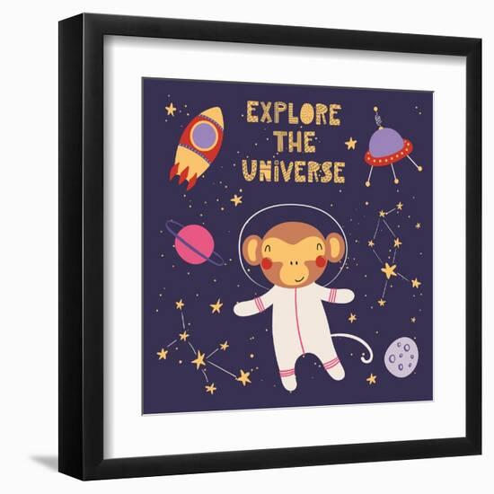 Illustration of a Cute Funny Monkey in Space-Maria Skrigan-Framed Art Print