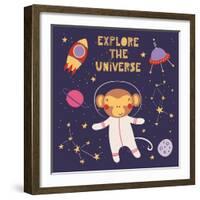 Illustration of a Cute Funny Monkey in Space-Maria Skrigan-Framed Art Print