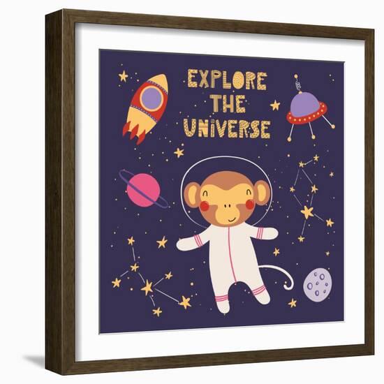 Illustration of a Cute Funny Monkey in Space-Maria Skrigan-Framed Art Print