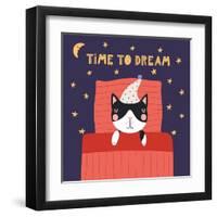 Illustration of a Cute Funny Sleeping Cat in a Nightcap-Maria Skrigan-Framed Art Print