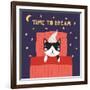 Illustration of a Cute Funny Sleeping Cat in a Nightcap-Maria Skrigan-Framed Art Print