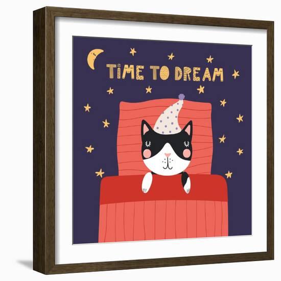 Illustration of a Cute Funny Sleeping Cat in a Nightcap-Maria Skrigan-Framed Art Print